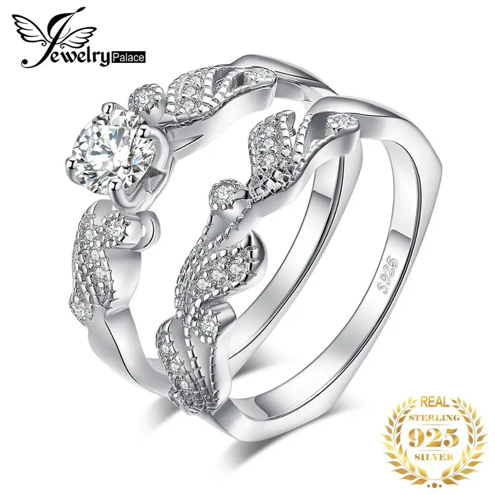 JewelryPalace Винтаж Milgrain листьев 0.8ct кубического циркония Пасьянс Обручение кольцо Бридель комплекты 925 пробы серебро для Для женщин