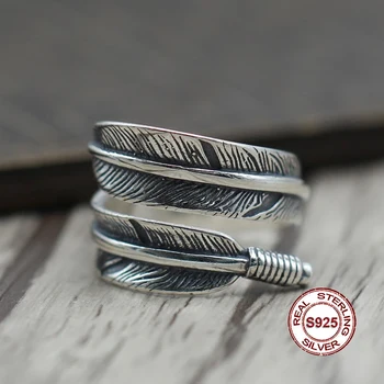 

S925 Sterling Silver Ring in Indian style retro point gold to create Personality classic feather series Send a gift to love