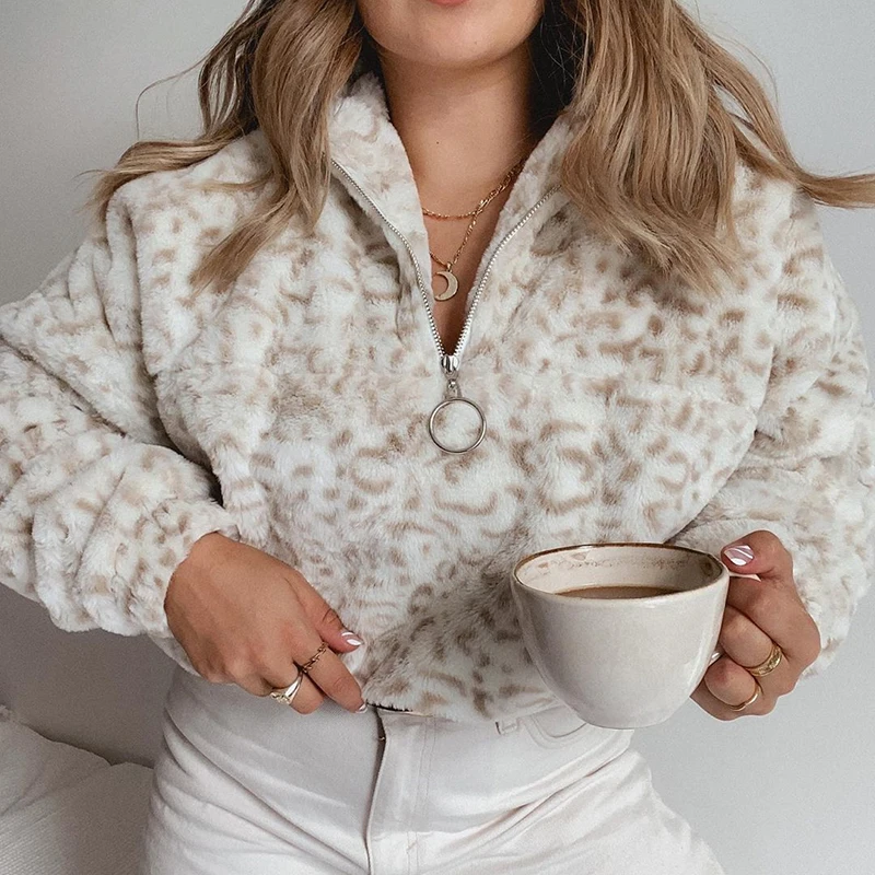 

Leopard Print Turtelneck Long Sleeve Keep Warm Soft Furry Sweatshirt Women 2020 Fall Winter Harajuku Zip-Up Pullovers Y2k Tops