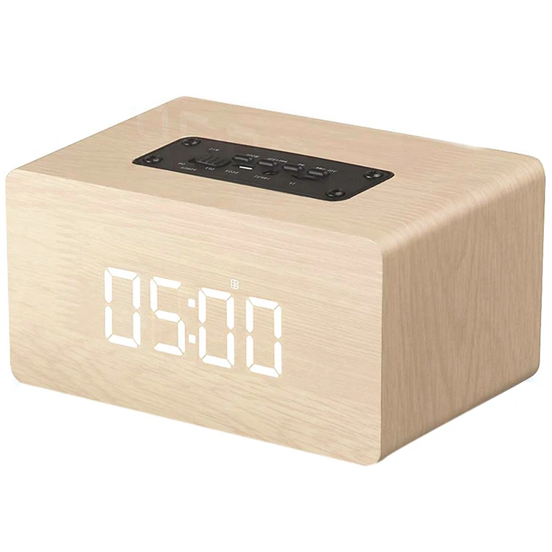 Bluetooth Speaker Digital Alarm Clock Wooden, V4.2 Portable Wireless Dual Driver Speakers, 1500 Mah, Led Time Display, Tf-Card,