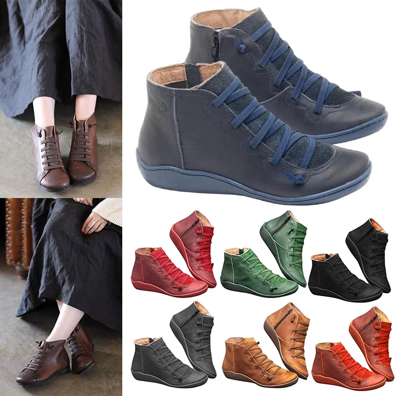 

Leather Ankle Boots Autumn Vintage Lace Up Women Shoes Comfortable Flat Heel Boots Zipper Short Boot J9