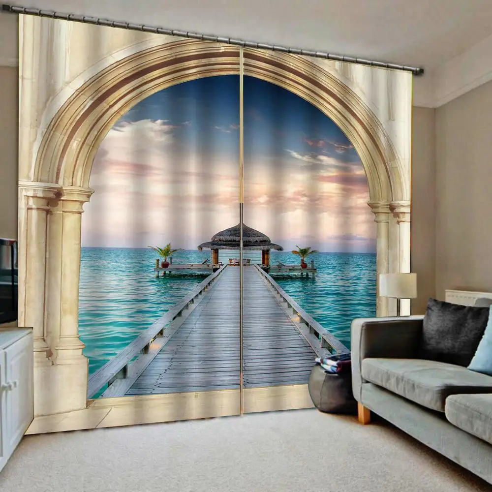 Decoration curtains Luxury Blackout 3D Window Curtain For Living Room arched sea | Дом и сад