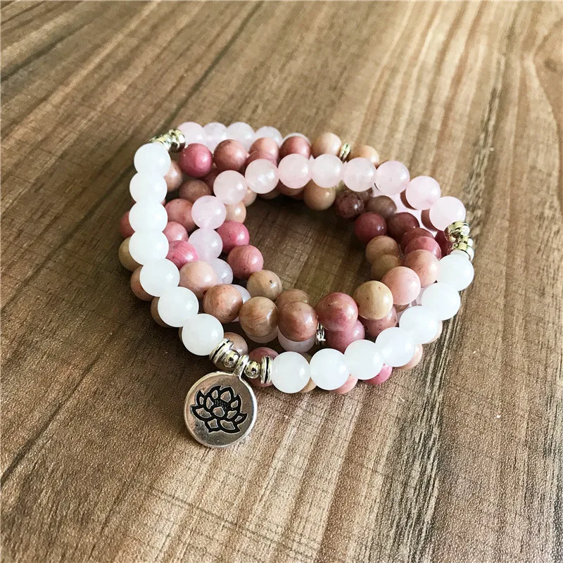 108 бусы мала браслет натуральный Rosequartz& Whitejade& браслет из родонита мала-Йога Лотос 5 кругов молитва лечебные браслеты