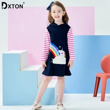 DXTON; зимняя одежда для девочек; детское платье в полоску с длинными рукавами и капюшоном для девочек; Радужное детское платье; Vestidos; Повседневное платье; платье для девочек с героями мультфильмов