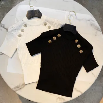 

Cropped Knitted Tshirt Woman Spring Autumn Fashion Underwear Outer Wear Goddess Knitted T-shirt Ladies Body Jumper Shirt Tops