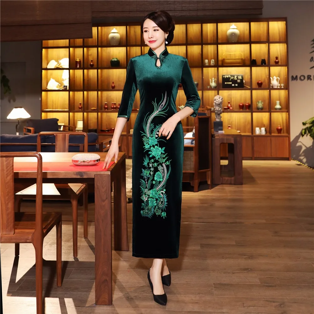 Шанхай история бархат Cheongsam китайское платье вышивка Qipao длинное