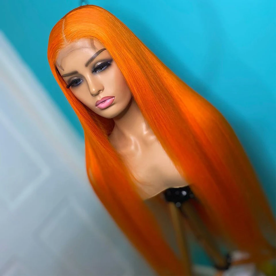 Perucas da Parte Dianteira do Laço Sintético para as Mulheres com Natural Perucas Retas Polegada Gengibre Laranja Colorido Longo Hairline Peruca Diária 180% Densidade 26 1 High Quality Apliques e perucas