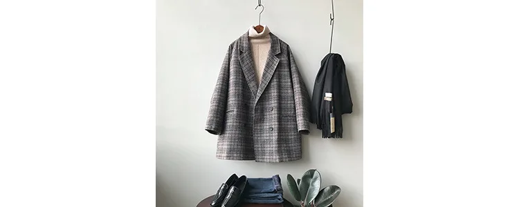 Lugentolo, Женское шерстяное осенне-зимнее шерстяное пальто, свободное повседневное корейское винтажное клетчатое элегантное пальто средней длины с отложным воротником