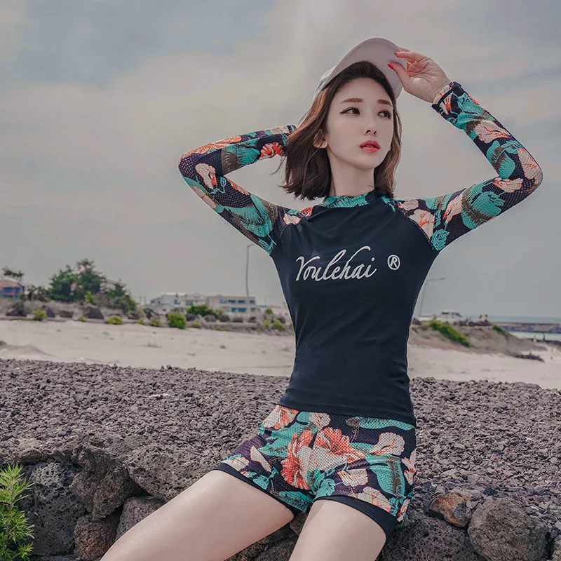 

South Korea New Style WOMEN'S Swimsuit Split Type Boxer Long Sleeve Diving Suit Surfing Beach Hot Springs Conservative GIRL'S Sw