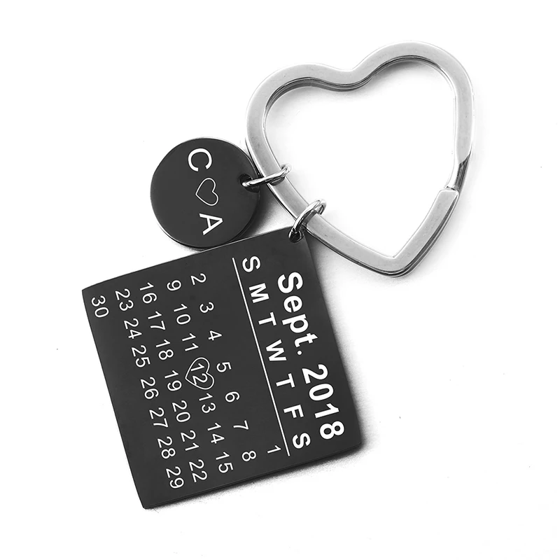 Персонализированные год рождения Дата брелок-календарь брелок с сердечком заказной любовник начальное название цепочка для ключей с брелоком для женщин ювелирные изделия любовь подарок - Цвет: Round Black