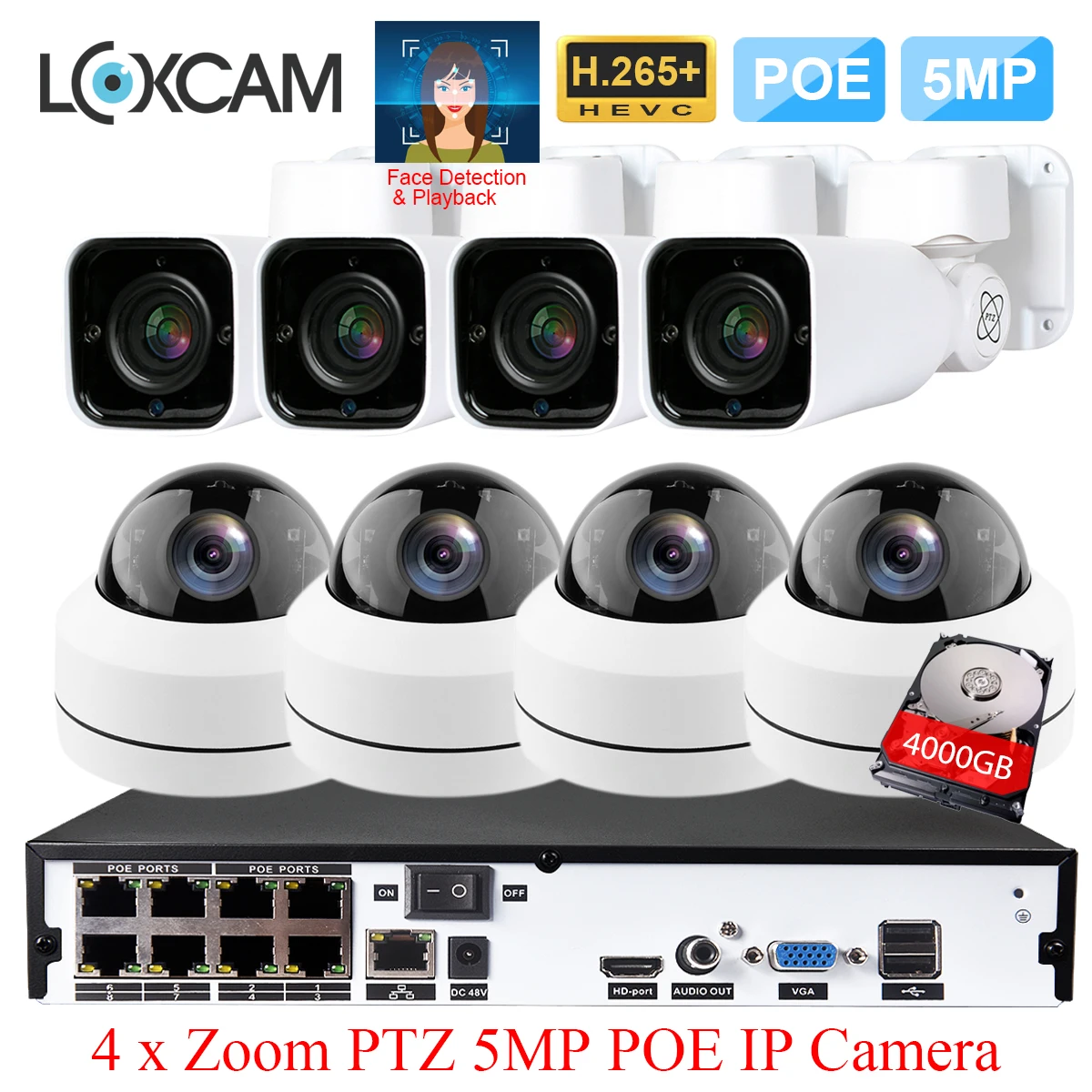 LOXCAM H.265 + 8-канальная POE NVR система HD 5 Мп PTZ автоматическое увеличение/наружная