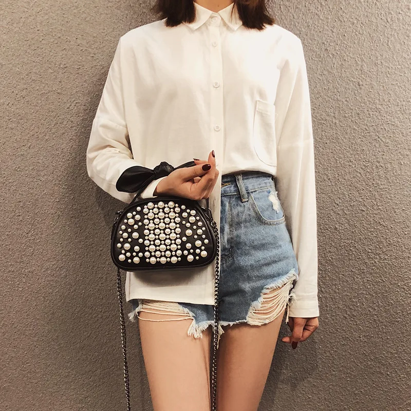 

2019 Summer New Style Small round Bag Women's Versatile Pearl Shoulder Bag Textured Non-mainstream Chain WOMEN'S Fashion Handbag