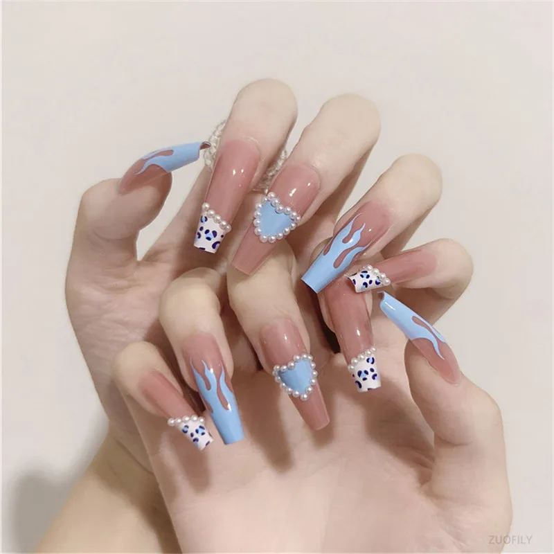 24pcs Long Love Bow Design French Style Fake Nails Cute Flowers ...