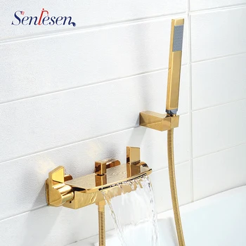 

Senlesen Bathtub Faucet Copper Waterfall Water Rainfall Shower Mixing Valve Bathtub Side Surface Mounted Shower Set