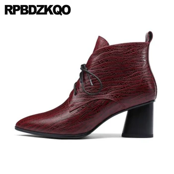 

chunky winter booties 2019 shoes front lace up casual ankle boots autumn pointed toe women plus size big sheepskin high heel