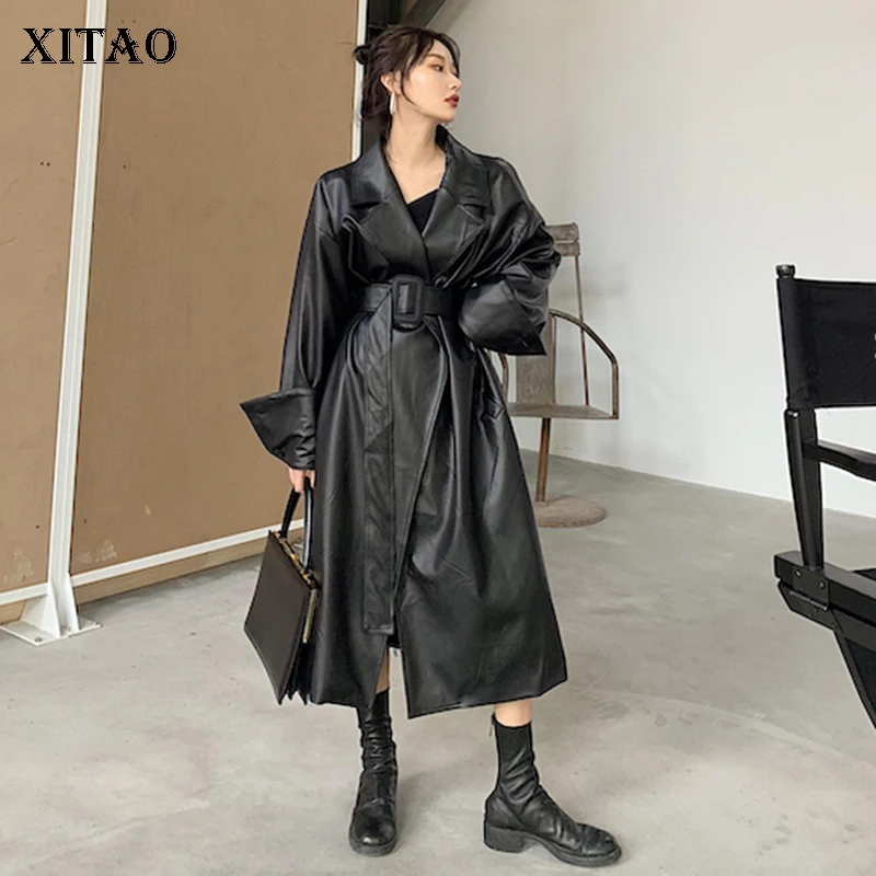 Женское повседневное длинное пальто XITAO черное из искусственной кожи с отложным