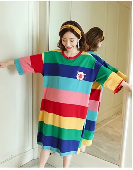 

Comfortable maternity dress summer new loose cute women's color stripe color matching long short-sleeved T-shirt dress