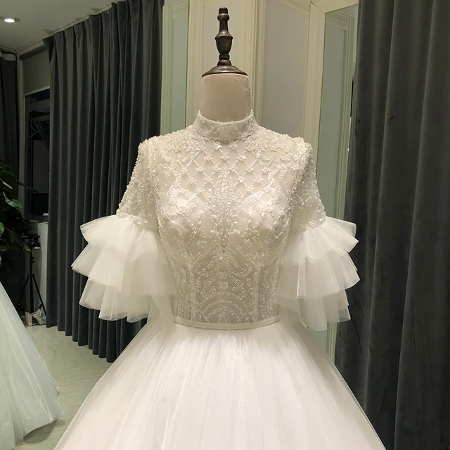 SL-8273 lace gown wedding dress 2021 half sleeve elegant beads crystal bridal wedding gowns for bride dresses 3