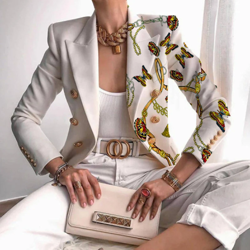 Autumn Office Lady Elegant Butterfly Print Blazer Coat Fashion Turn-Down Collar Women Outerwear Spring Casual Long Sleeve Jacket |