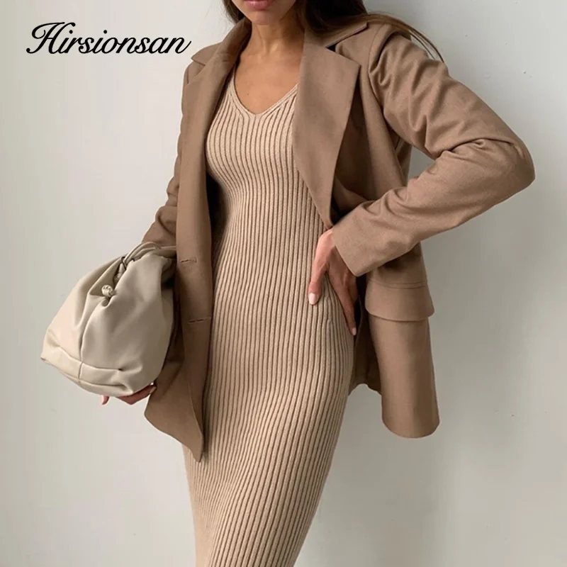 

Hirsionsan Elegant Autumn Winter Dresses Women Elastic Bottoming Khaki Long Sweater V Neck Straight Knitted Pullovers with Belt