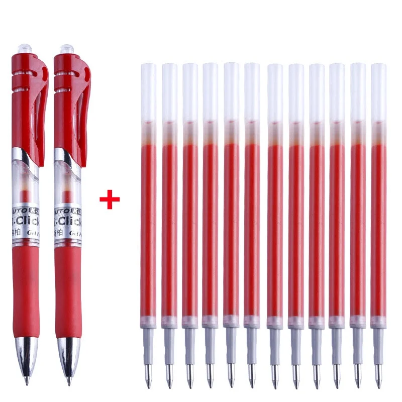 (Set of 2Pen+10 Refills) Press Type Gel Pen Black/blue/red Ink Bullet Spring 0.5 Mm School and Office Supplies (not Erasable) 6