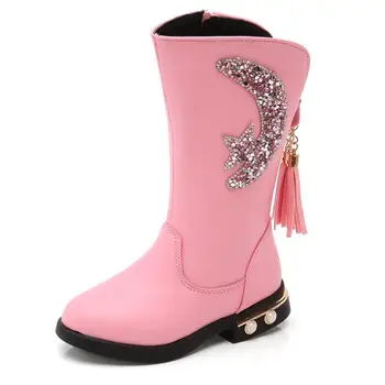 

New Waterproof Children High-top Boots Cute Sequins tassel Warm Girls Knee-high Boots All-match Kids Outdoor Sports Shoes