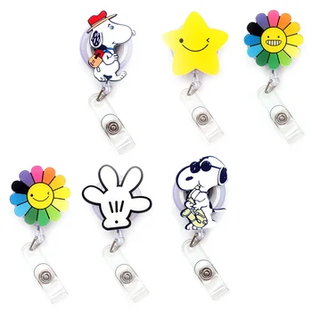 

Cute White Dog Animals Plastic Badge Reel Holder Elastic Name Card Simple & Easy To Use For Nurse & Students