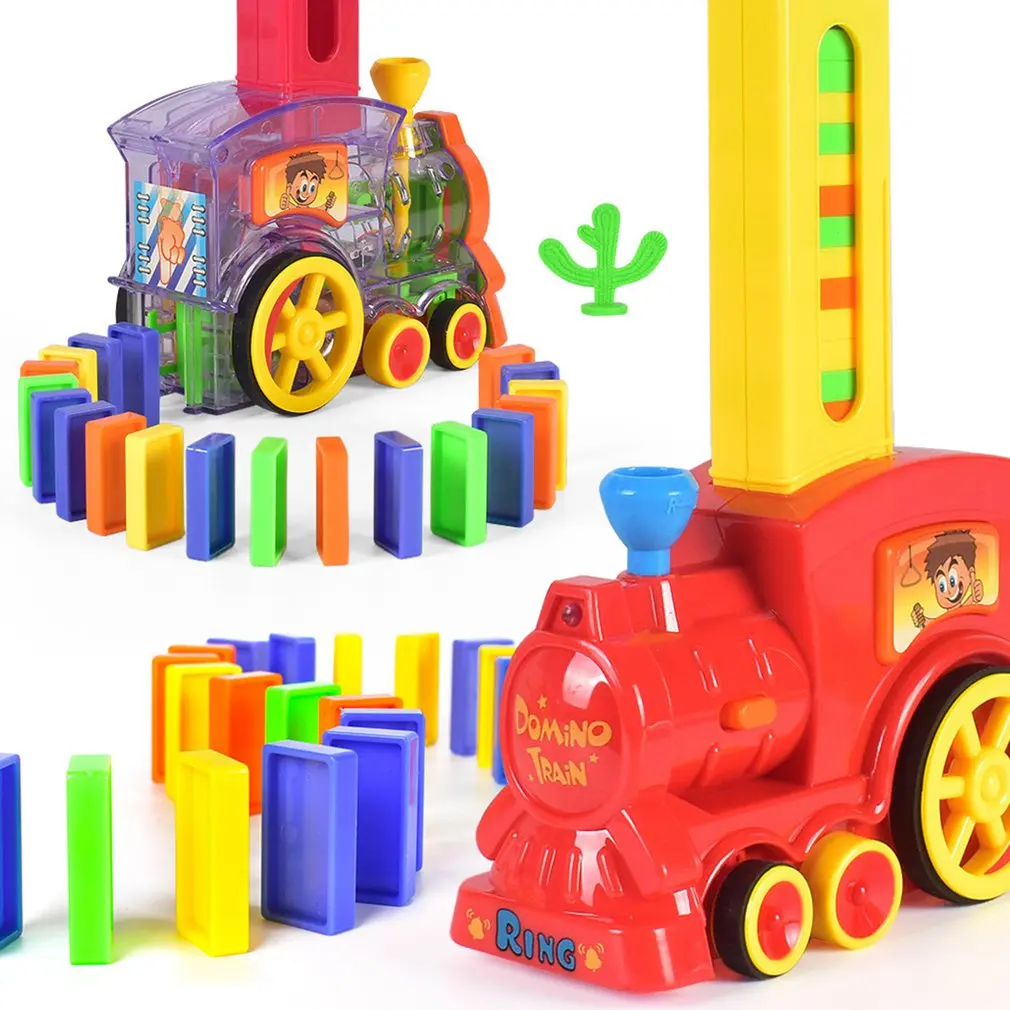 Electric Domino Train Car Vehicle Model With Sound Light Music Domino Blocks Kits Magical Automatic Set Up Colorful Games Toys