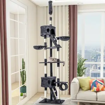

260cm Grey Extra Large Cat Tree Tower Cats Scratcher Play House Adjustable Kitten Scratching Post Pet Climbing Activity Centre