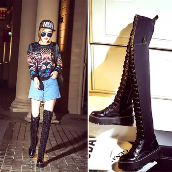 

2019 Over-the-Knee Cool Boots Round Toe Cross-tied Boots Fashion Patent Leather Boots Woman Motorcycle boots