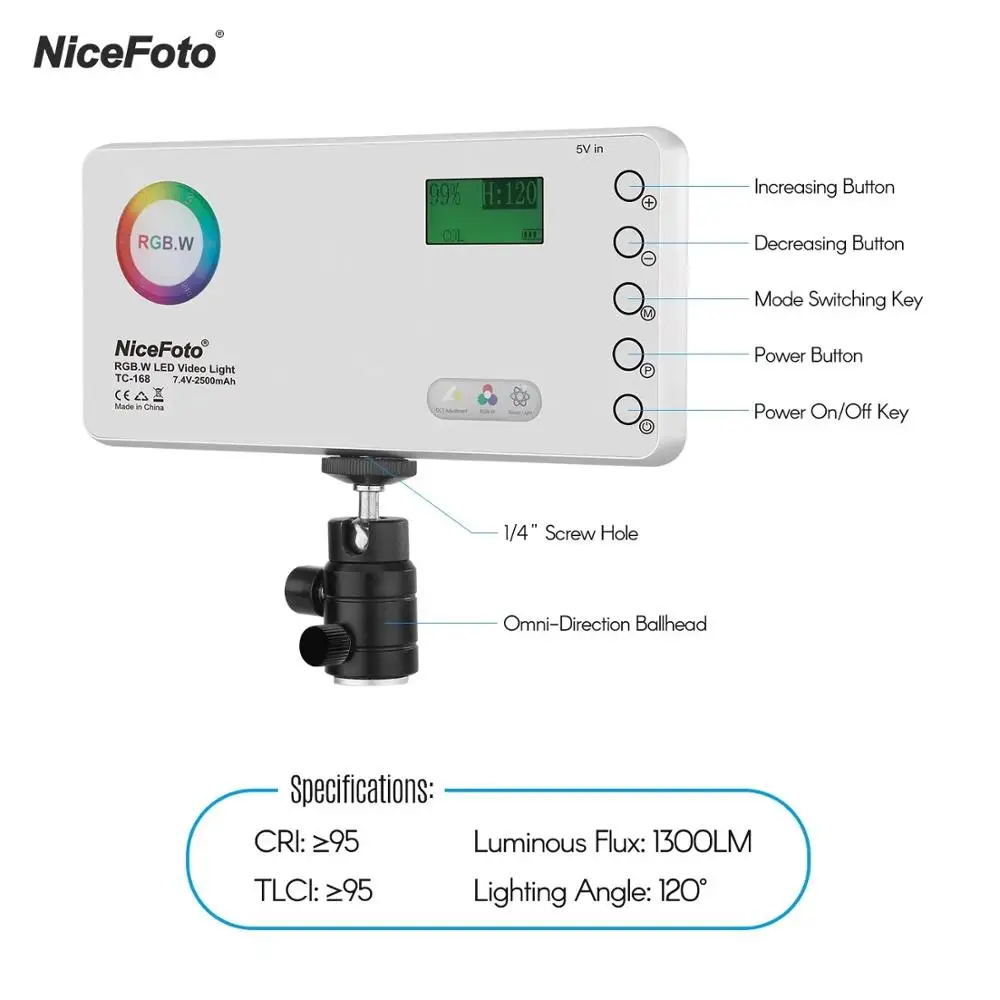 NiceFoto TC-168 Pocket Size LED RGB Light 2500-9900K With Bag 1/4 Inch Mounting Screw Holes 18 Kinds of Effects for Photography