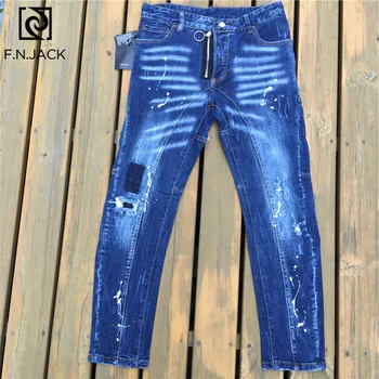 

F.N.JACK Men's Casual Holes Denim Pants Biker Brand Straight Mens Jeans Stretch Ripped Casual Skinny Denim Stylish Zipper Jeans