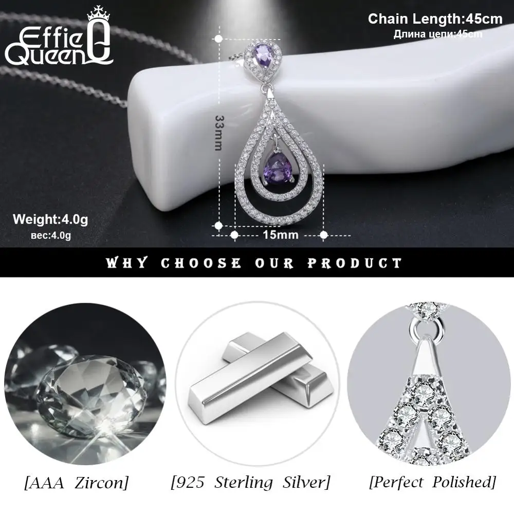 Effie queen S925 серебряная капля воды кулон ожерелье для женщин фиолетовый кубический циркон 45 см цепь вечерние ювелирные изделия подарок для девочек TSN68