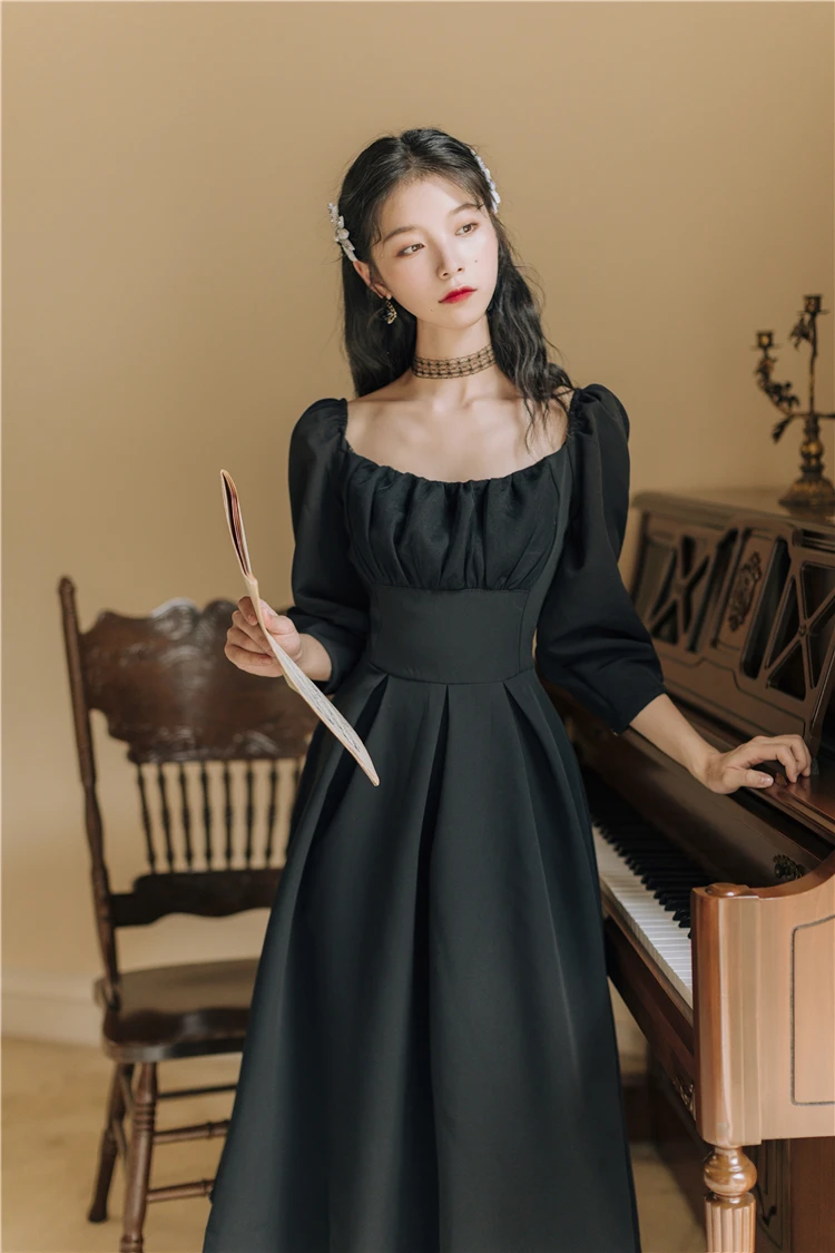 YOSIMI, Осеннее женское платье, длинный рукав, винтажное, до середины икры, элегантное, французское, романтичное, Ретро стиль, облегающее и расклешенное, черное, зимнее платье