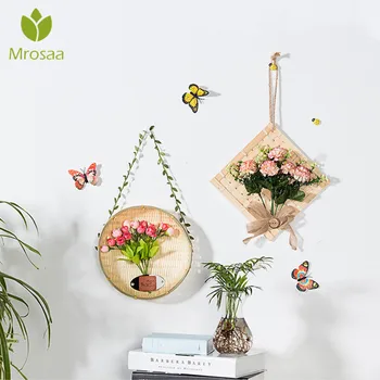 

Bamboo Weaving Basket Artificial Flowers Vine Willow Plant Silk Rose Hanging Wall Rattan Flower Home Wall Decor Fake Flowers