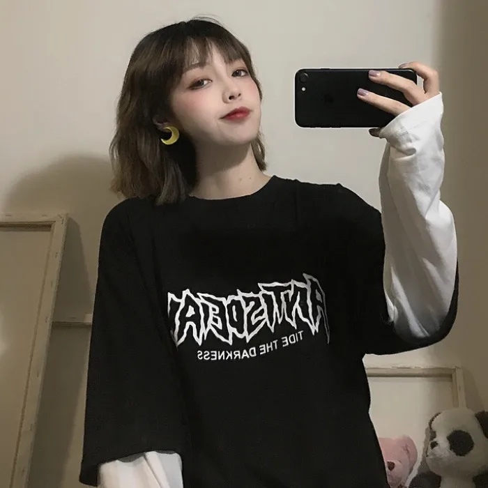 Имитация двух свитеров с длинными рукавами для женщин ins Harajuku уличная одежда BF свободная Осенняя Женская винтажная модная толстовка с буквами