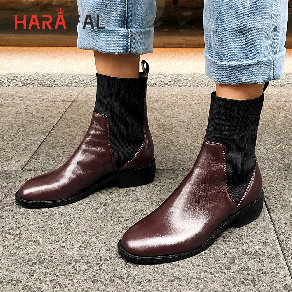 

HARAVAL Fashion Vintage Lady Ankle Boot Winter Luxury Genuine Leather Square Toe Low Heels Shoes Solid Slip-on Women Boots B208