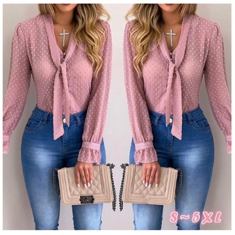 

Autumn Sexy Women Chiffon Blouse Tee Shirt Casual Long Sleeve Shirts Bow Tie V Neck Fashion Summer Basic Tops Plus Size Blusas