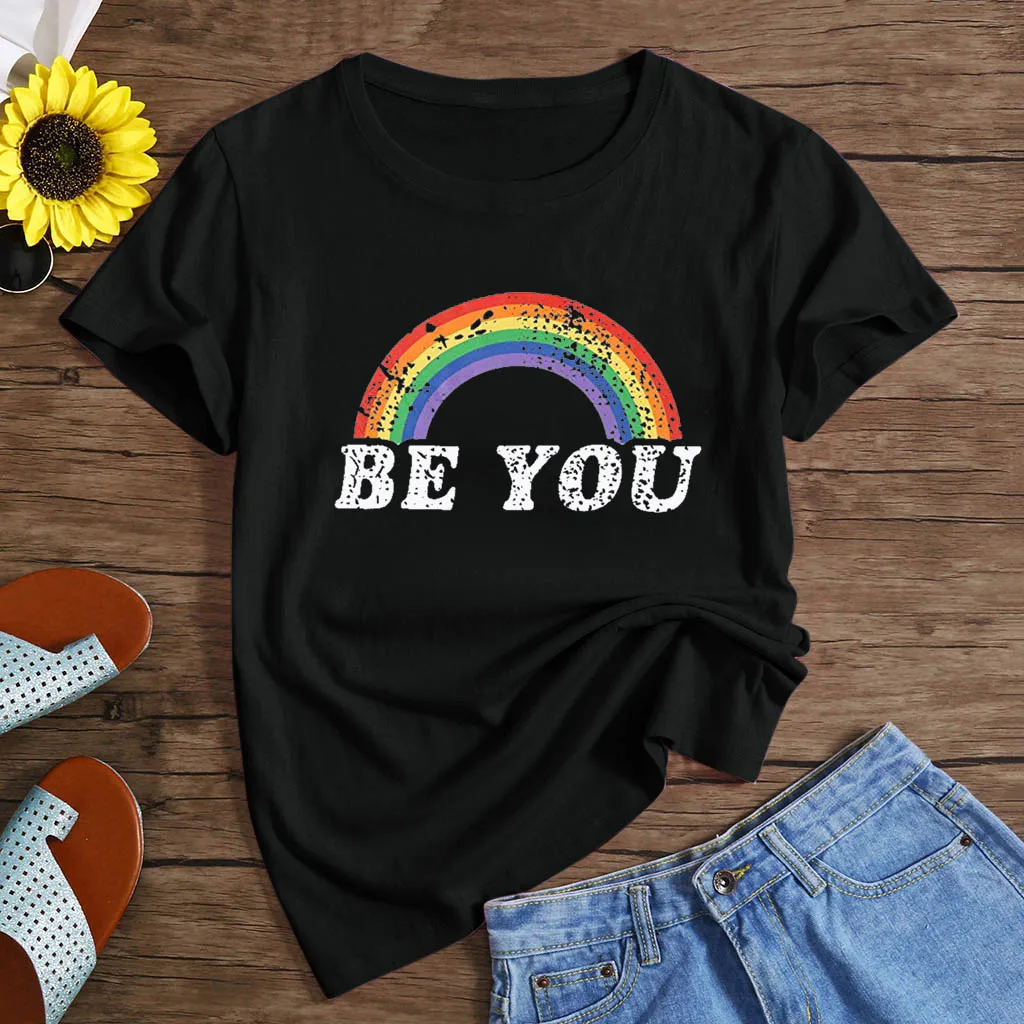

Hillbilly Women Be You Letter Print T Shirt 2019 Summer Fashion Casual Rainbow Graphic Short Sleeve Toops Tees for Women Clothes