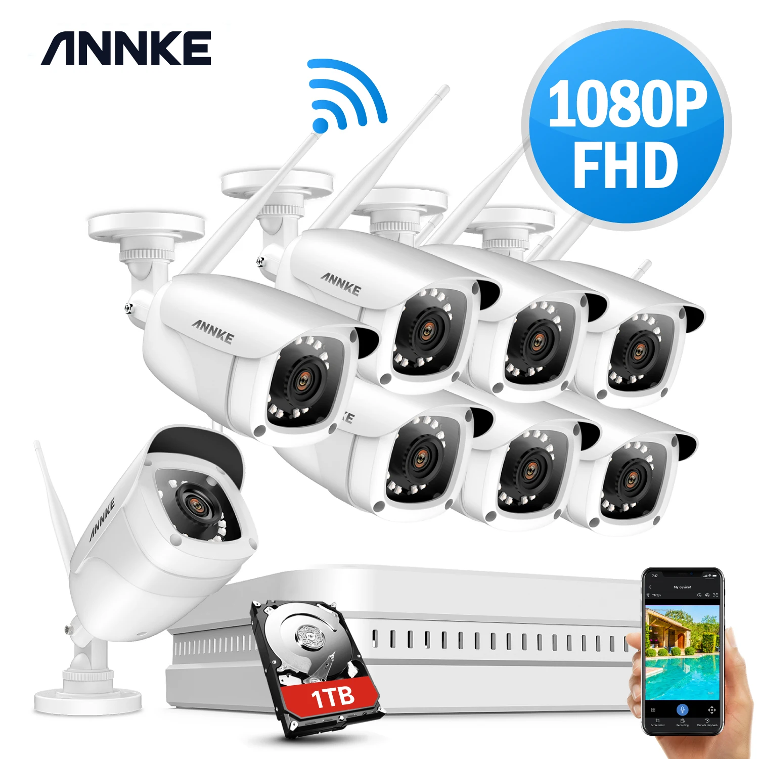 Система видеонаблюдения ANNKE 2 МП 1080P 8 каналов HD беспроводной сетевой