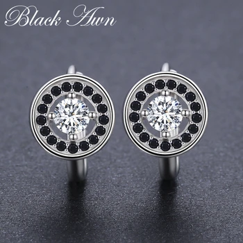 

Genuine 925 Sterling Silver Round Engagement Hoop Earrings for Women with Black Spinel Stone Jewelry Bijoux T179