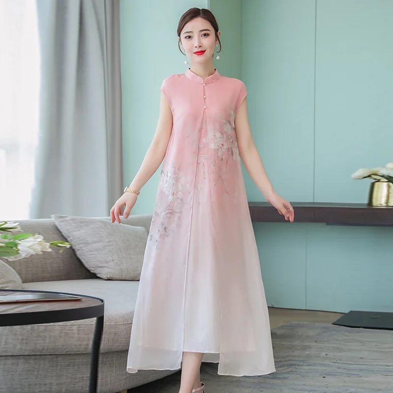 

2019 Summer New Style Silk Dress Long High-End Brand Improvement Printed Cheongsam Loose And Plus-sized Dress