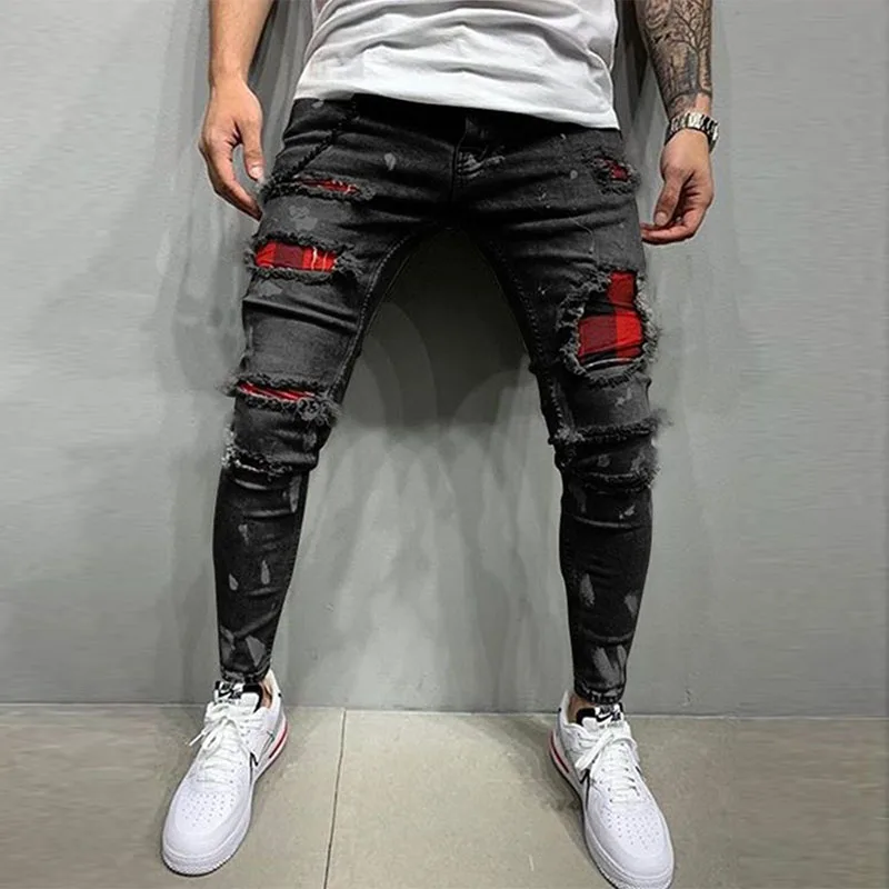 Men Painted Stretch Skinny Jeans Slim Fit Ripped Distressed Pleated Knee Patch Denim Pants Brand Casual Trousers For Masculina