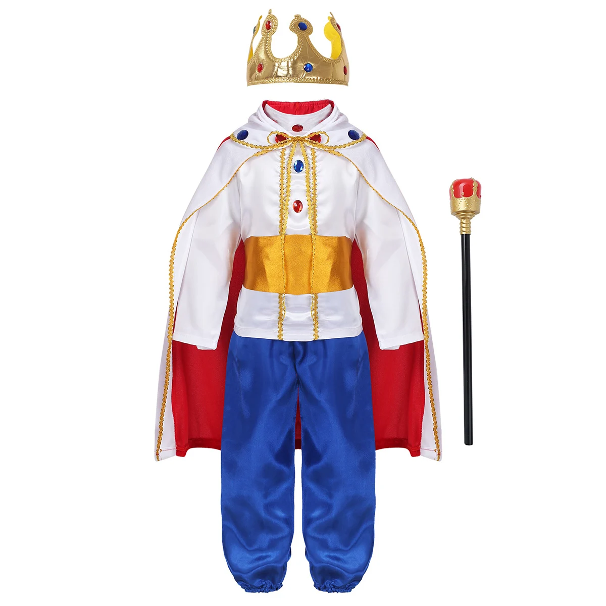 Kids Boys Halloween Cosplay Dress Up Medieval King Costume Prince Cloak Crown Scepter Set Carnival Roleplay Party Outfit | Детская