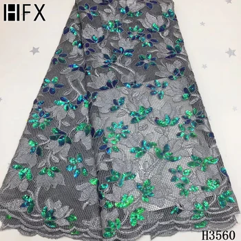 

HFX African Lace Fabric 2020 High Quality grey Lace Fabric Lace Fabric Nigerian Sequins Lace Fabric For Wedding dress H3560