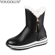 Зимние сапоги на танкетке, на молнии женская зимняя длинная теплая обувь из PU искусственной кожи Модные женские ботильоны с круглым носком, черного, белого, розового, синего цвета, A325