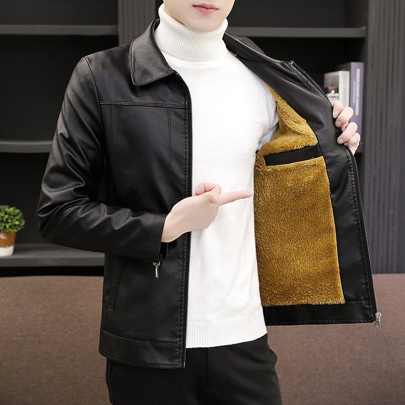 thumbnail image 1 of Chaqueta de cuero de terciopelo para hombre, forro polar de invierno, gruesa, cálida, nueva tendencia, chaqueta de cuero para motocicleta, abrigo de cuero cálido de moda para hombre, 1 of 4