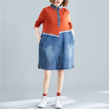 

Fake Two Dress For Women Denim Ladies Dresses Literary Korean Dress Patchwork Vestidos De Fiesta De Noche Loose Clothes