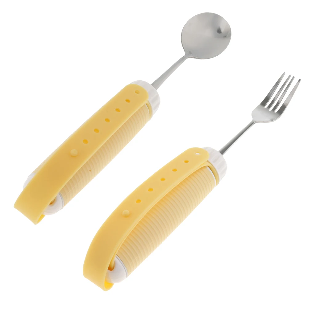 2pcs Arthritis Elderly Parkinson Adults Kids Utensil Eating Meal Spoon Fork Kit - Steel & Silicone- Non Weighted Non Slip Design
