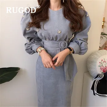 

RUGOD Spring Retro Corduroy Korean Maxi Dress Full Sleeves Top For Women Elegant Sweet Tops Casual Ladies Dresses with belt
